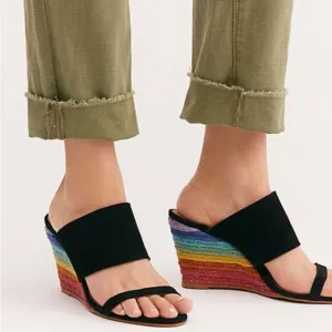 Free People Glorietta Rainbow Espadrille Wedge Suede Sandals Black Y2K Size 6