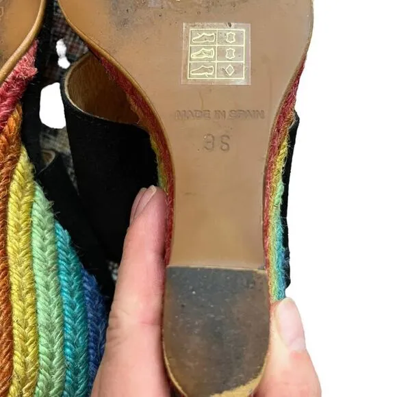 Free People Glorietta Rainbow Espadrille Wedge Suede Sandals Black Y2K Size 6