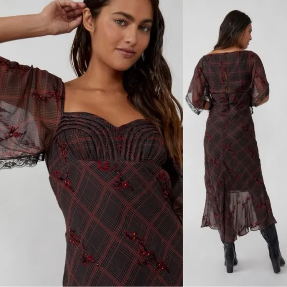 Free People Grunge WhimsyGoth Plaid Sheer Midi Dress Size 8 Fallen Flowers Fairy