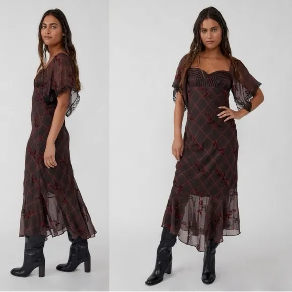 Free People Grunge WhimsyGoth Plaid Sheer Midi Dress Size 8 Fallen Flowers Fairy