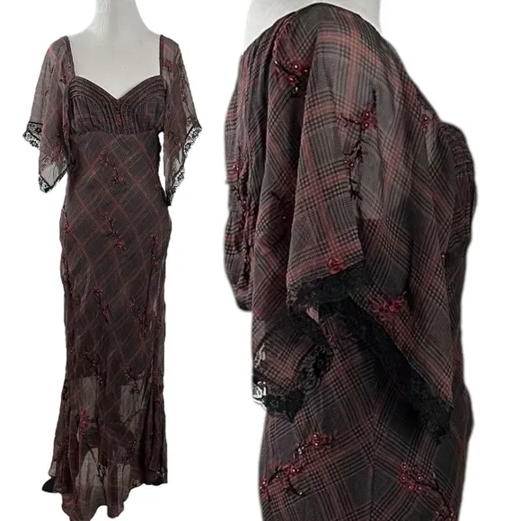 Free People Grunge WhimsyGoth Plaid Sheer Midi Dress Size 8 Fallen Flowers Fairy