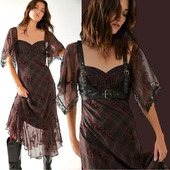 Free People Grunge WhimsyGoth Plaid Sheer Midi Dress Size 8 Fallen Flowers Fairy