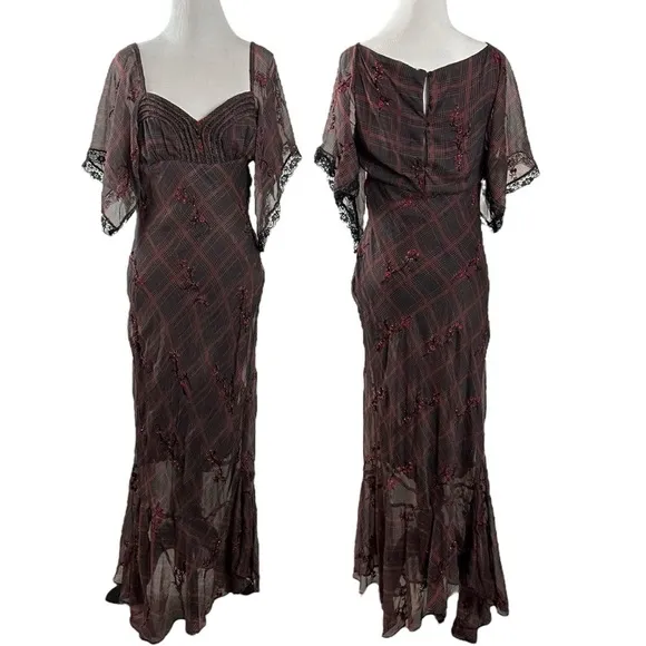 Free People Grunge WhimsyGoth Plaid Sheer Midi Dress Size 8 Fallen Flowers Fairy