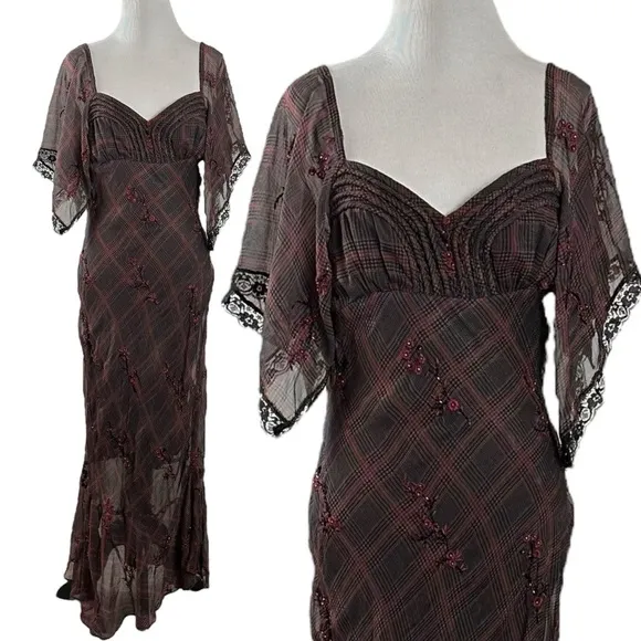 Free People Grunge WhimsyGoth Plaid Sheer Midi Dress Size 8 Fallen Flowers Fairy