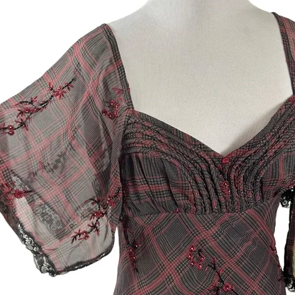 Free People Grunge WhimsyGoth Plaid Sheer Midi Dress Size 8 Fallen Flowers Fairy