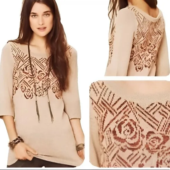 Free People Khaki Nude Beige Tan Red Green Fair Isle Knit Dress Tunic Sweater S