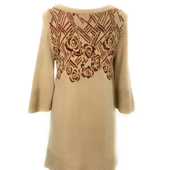Free People Khaki Nude Beige Tan Red Green Fair Isle Knit Dress Tunic Sweater S