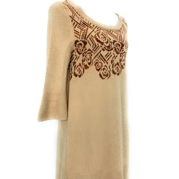 Free People Khaki Nude Beige Tan Red Green Fair Isle Knit Dress Tunic Sweater S