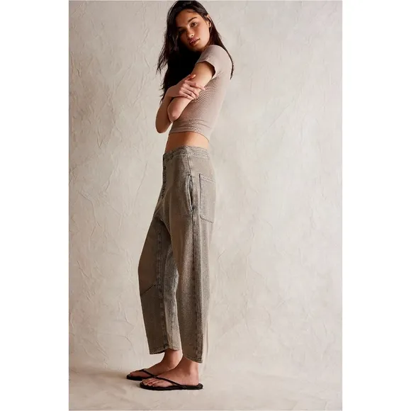 Free People Osaka Mid Rise Barrel Jeans Sage Khaki Nwot