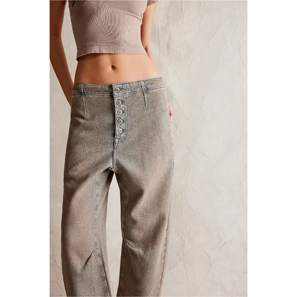 Free People Osaka Mid Rise Barrel Jeans Sage Khaki Nwot