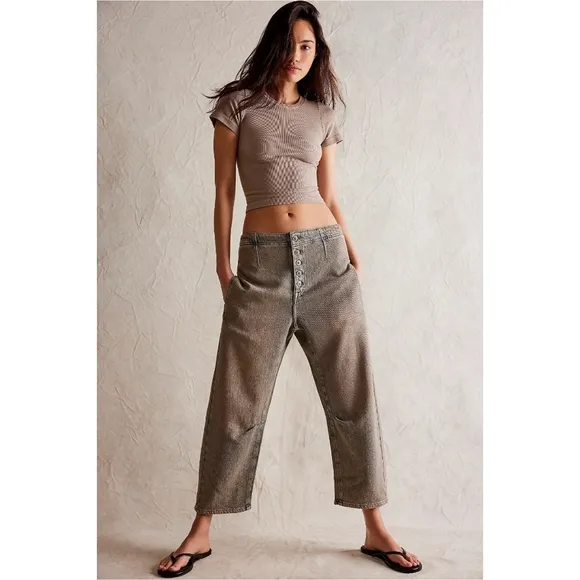 Free People Osaka Mid Rise Barrel Jeans Sage Khaki Nwot
