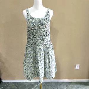 Free People Petunia Blue Floral Color Smocked Sleeveless Apron Dress Sz L Boho