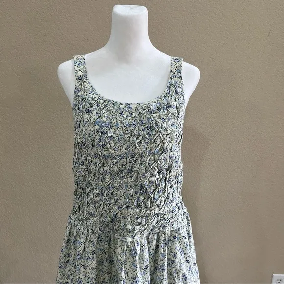 Free People Petunia Blue Floral Color Smocked Sleeveless Apron Dress Sz L Boho