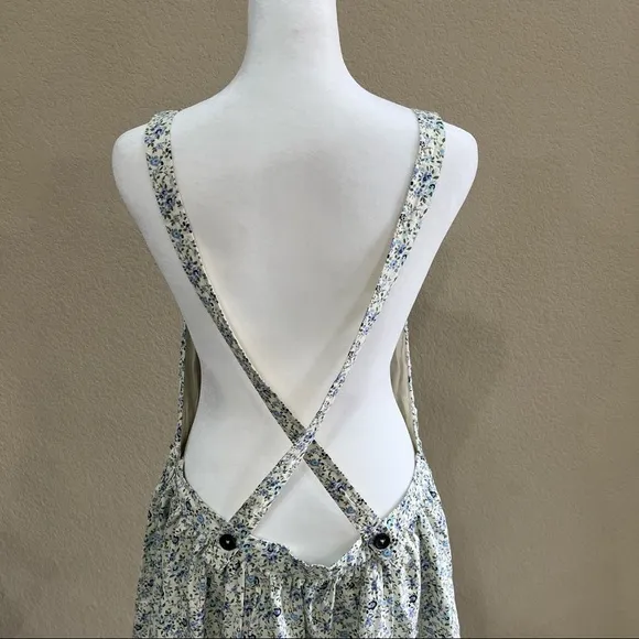 Free People Petunia Blue Floral Color Smocked Sleeveless Apron Dress Sz L Boho