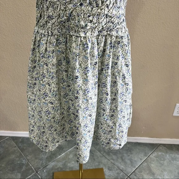 Free People Petunia Blue Floral Color Smocked Sleeveless Apron Dress Sz L Boho