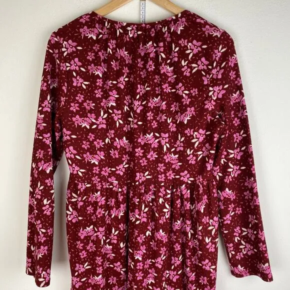 Free People Tiers of Joy Dress Size L Red Pink Midi Long Sleeve Knit Floral