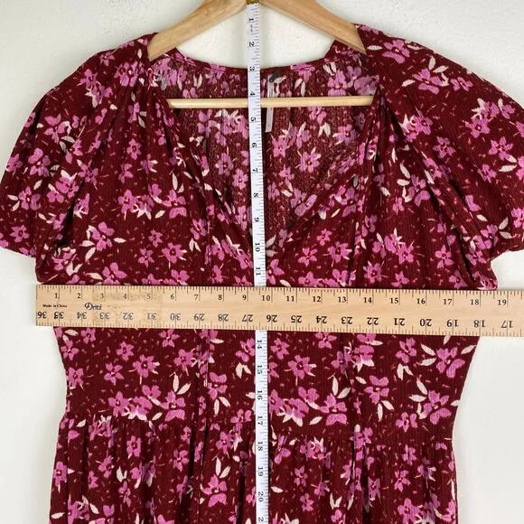 Free People Tiers of Joy Dress Size L Red Pink Midi Long Sleeve Knit Floral