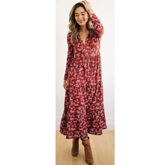 Free People Tiers of Joy Dress Size L Red Pink Midi Long Sleeve Knit Floral