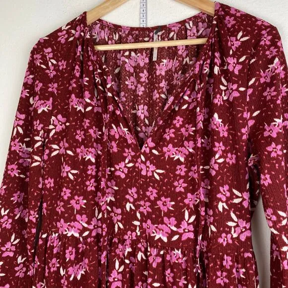 Free People Tiers of Joy Dress Size L Red Pink Midi Long Sleeve Knit Floral