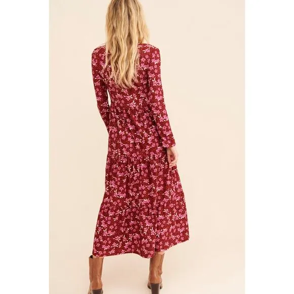 Free People Tiers of Joy Dress Size L Red Pink Midi Long Sleeve Knit Floral