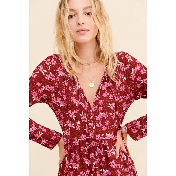 Free People Tiers of Joy Dress Size L Red Pink Midi Long Sleeve Knit Floral