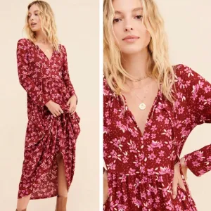 Free People Tiers of Joy Dress Size L Red Pink Midi Long Sleeve Knit Floral