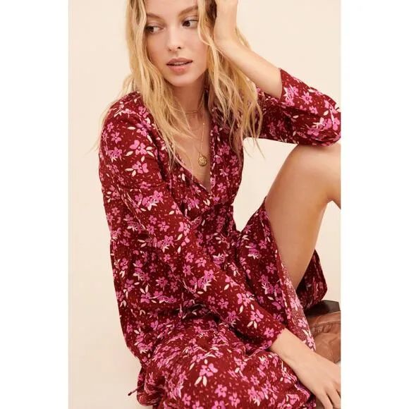 Free People Tiers of Joy Dress Size L Red Pink Midi Long Sleeve Knit Floral
