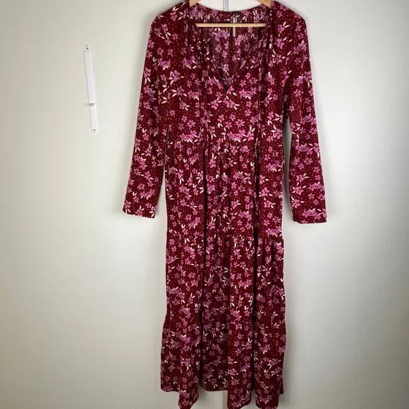 Free People Tiers of Joy Dress Size L Red Pink Midi Long Sleeve Knit Floral