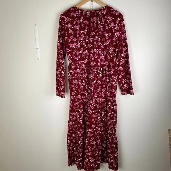 Free People Tiers of Joy Dress Size L Red Pink Midi Long Sleeve Knit Floral