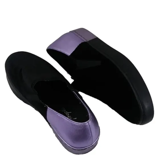 Free People Varsity Black Calf Hair Purple Leather Platform Slip On Loafer Shoe