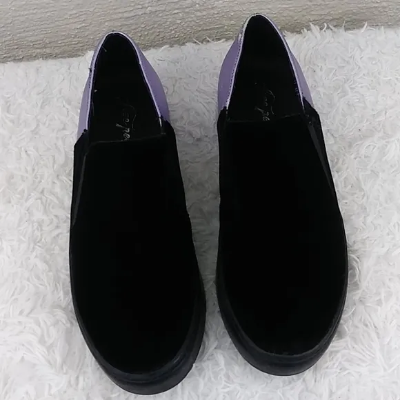 Free People Varsity Black Calf Hair Purple Leather Platform Slip On Loafer Shoe