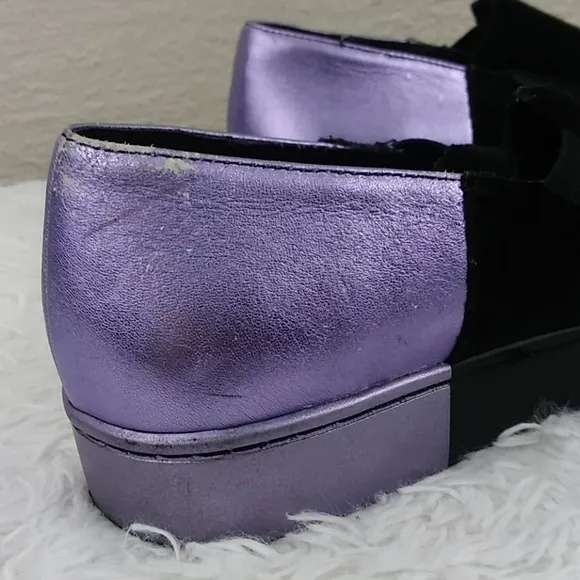 Free People Varsity Black Calf Hair Purple Leather Platform Slip On Loafer Shoe