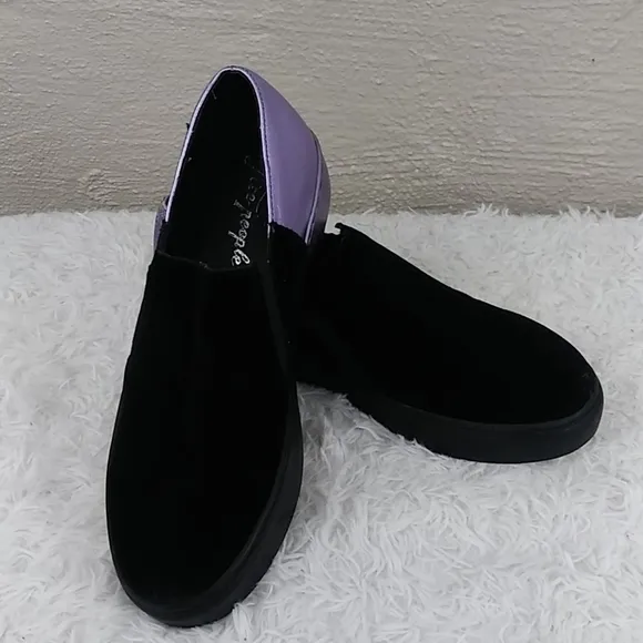 Free People Varsity Black Calf Hair Purple Leather Platform Slip On Loafer Shoe