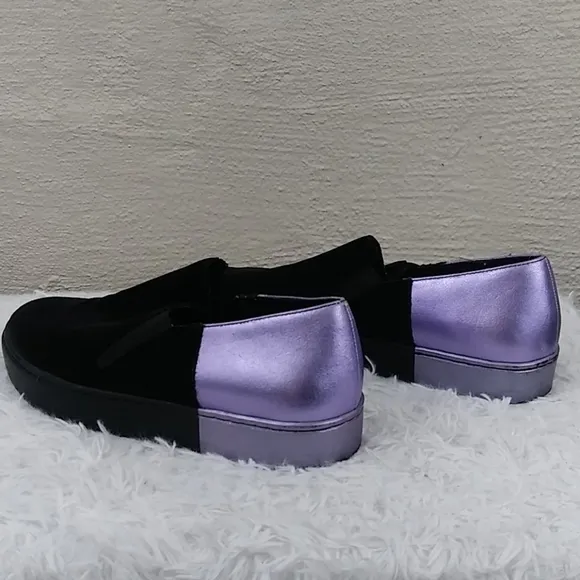 Free People Varsity Black Calf Hair Purple Leather Platform Slip On Loafer Shoe