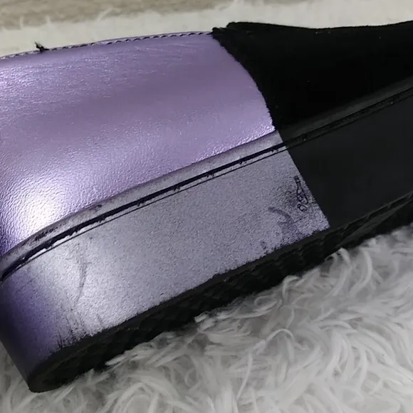 Free People Varsity Black Calf Hair Purple Leather Platform Slip On Loafer Shoe