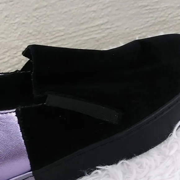 Free People Varsity Black Calf Hair Purple Leather Platform Slip On Loafer Shoe