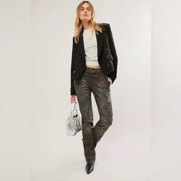 Free People We The Free Vector Moto Mid Rise Flare Jeans NWOT Black