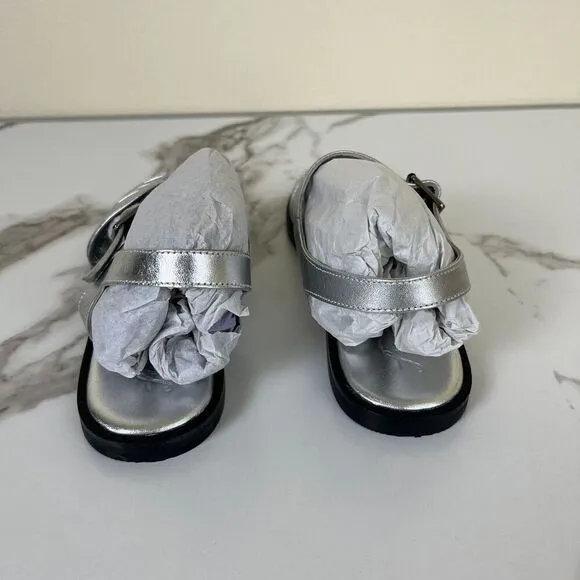 Free People Women Metallic Leather Silver Frankie Fishermen Flats Mary Jane NEW