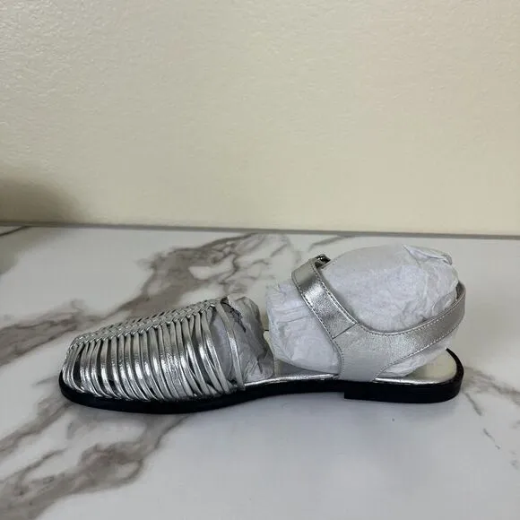 Free People Women Metallic Leather Silver Frankie Fishermen Flats Mary Jane NEW