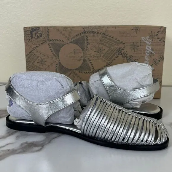 Free People Women Metallic Leather Silver Frankie Fishermen Flats Mary Jane NEW