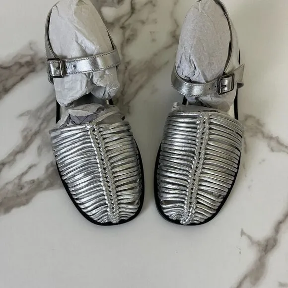 Free People Women Metallic Leather Silver Frankie Fishermen Flats Mary Jane NEW