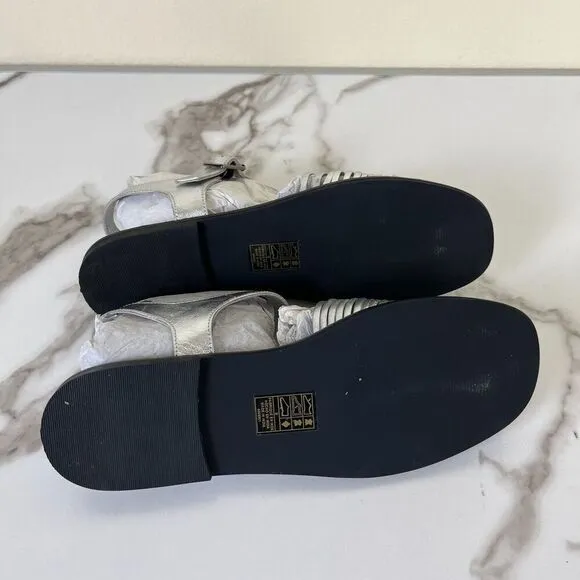 Free People Women Metallic Leather Silver Frankie Fishermen Flats Mary Jane NEW