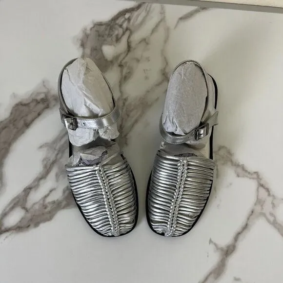 Free People Women Metallic Leather Silver Frankie Fishermen Flats Mary Jane NEW