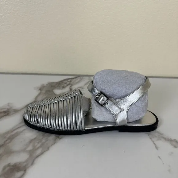 Free People Women Metallic Leather Silver Frankie Fishermen Flats Mary Jane NEW