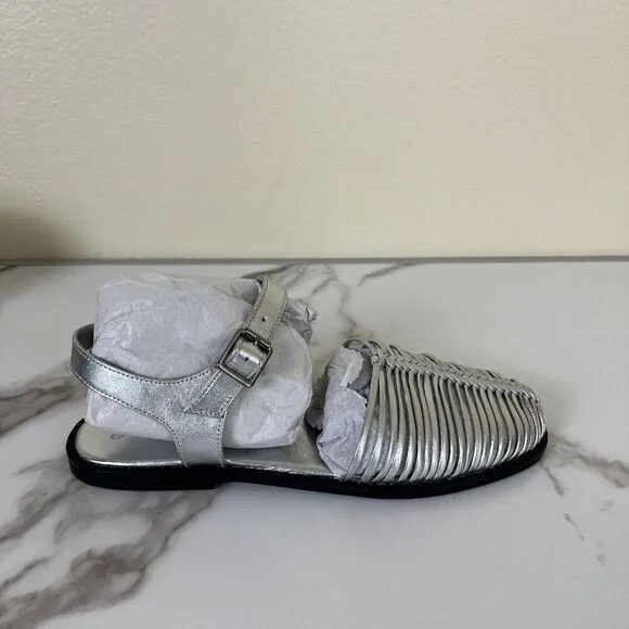 Free People Women Metallic Leather Silver Frankie Fishermen Flats Mary Jane NEW