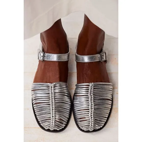 Free People Women Metallic Leather Silver Frankie Fishermen Flats Mary Jane NEW