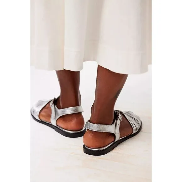 Free People Women Metallic Leather Silver Frankie Fishermen Flats Mary Jane NEW
