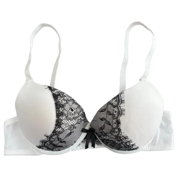 French Style Bra Set Delicate Lace Padded Black White Leopard Print Size 34B