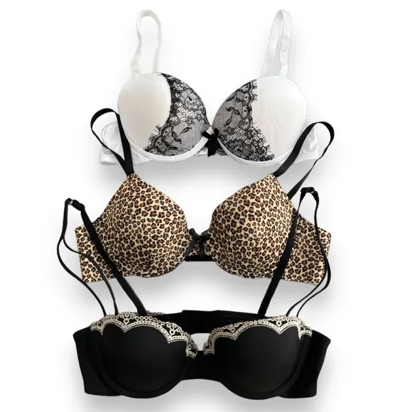 French Style Bra Set Delicate Lace Padded Black White Leopard Print Size 34B