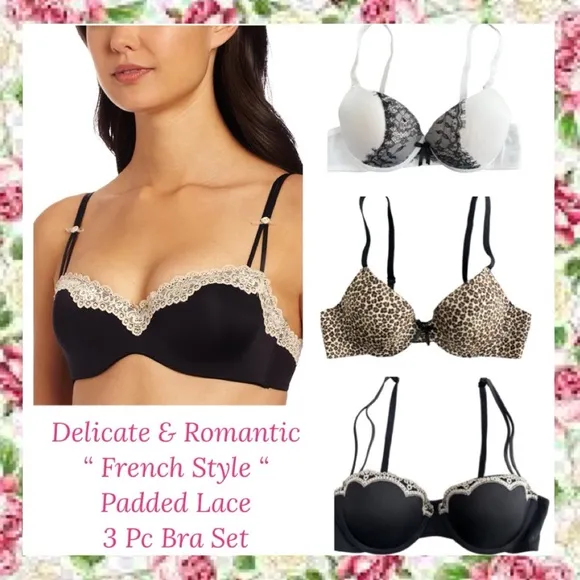 French Style Bra Set Delicate Lace Padded Black White Leopard Print Size 34B